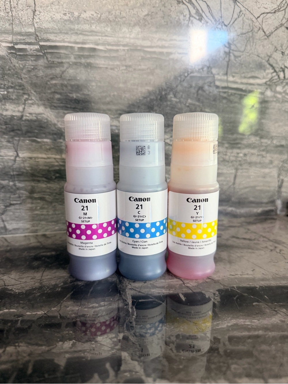 Canon Megatank Ink Trio in Magenta (21-M), Cyan (21-C), & Yellow (21-Y)